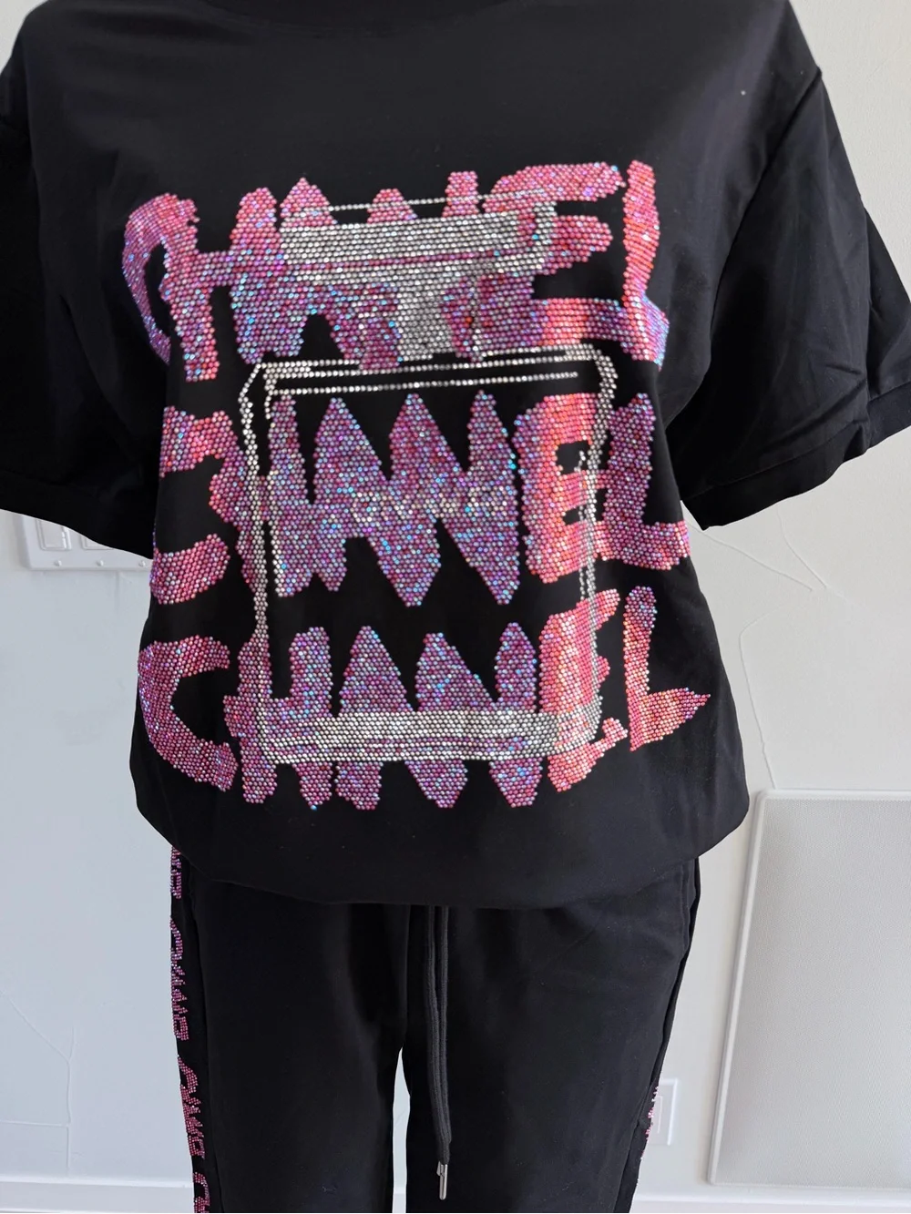 CHANEL Black Tee and Joggers with Pink Logo Detailing size S/M